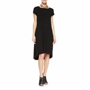 Eileen Fisher Black Stretch Knit Dress High-Low Hem Minimalist | medium petite